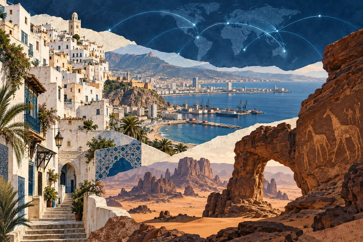 Illustrated collage of Algeria, inspired by Casbah of Algiers, Oran, Tassili n'Ajjer.