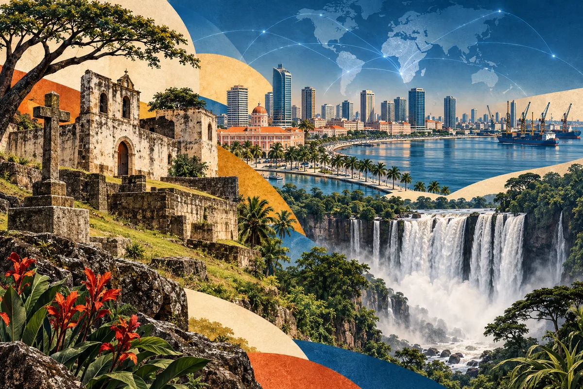 Illustrated collage of Angola, inspired by Mbanza-Kongo, Luanda, Kalandula Falls.