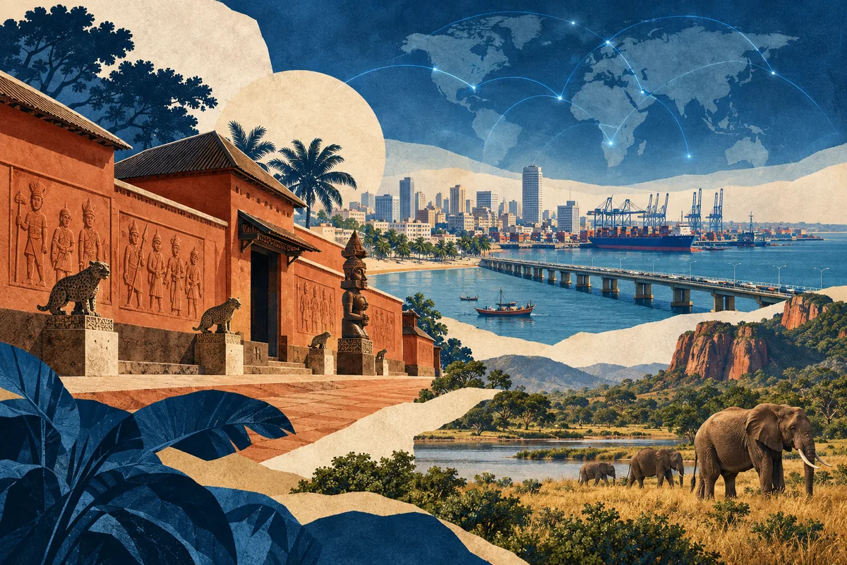 Illustrated collage of Benin, inspired by Royal Palaces of Abomey, Cotonou, Pendjari National Park.