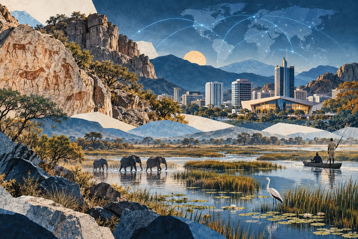 Illustrated collage of Botswana, inspired by Tsodilo, Gaborone, Okavango Delta.
