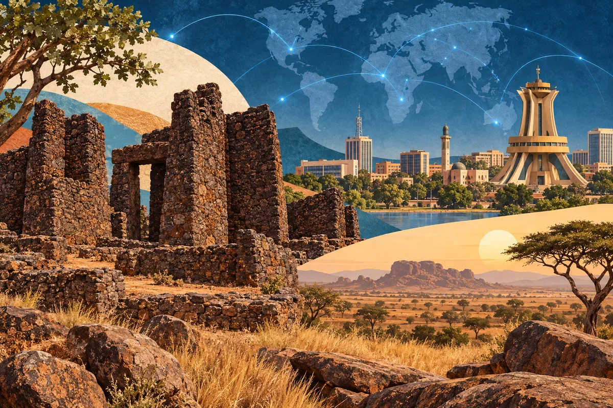 Illustrated collage of Burkina Faso, inspired by Ruins of Loropéni, Ouagadougou, Sahel.