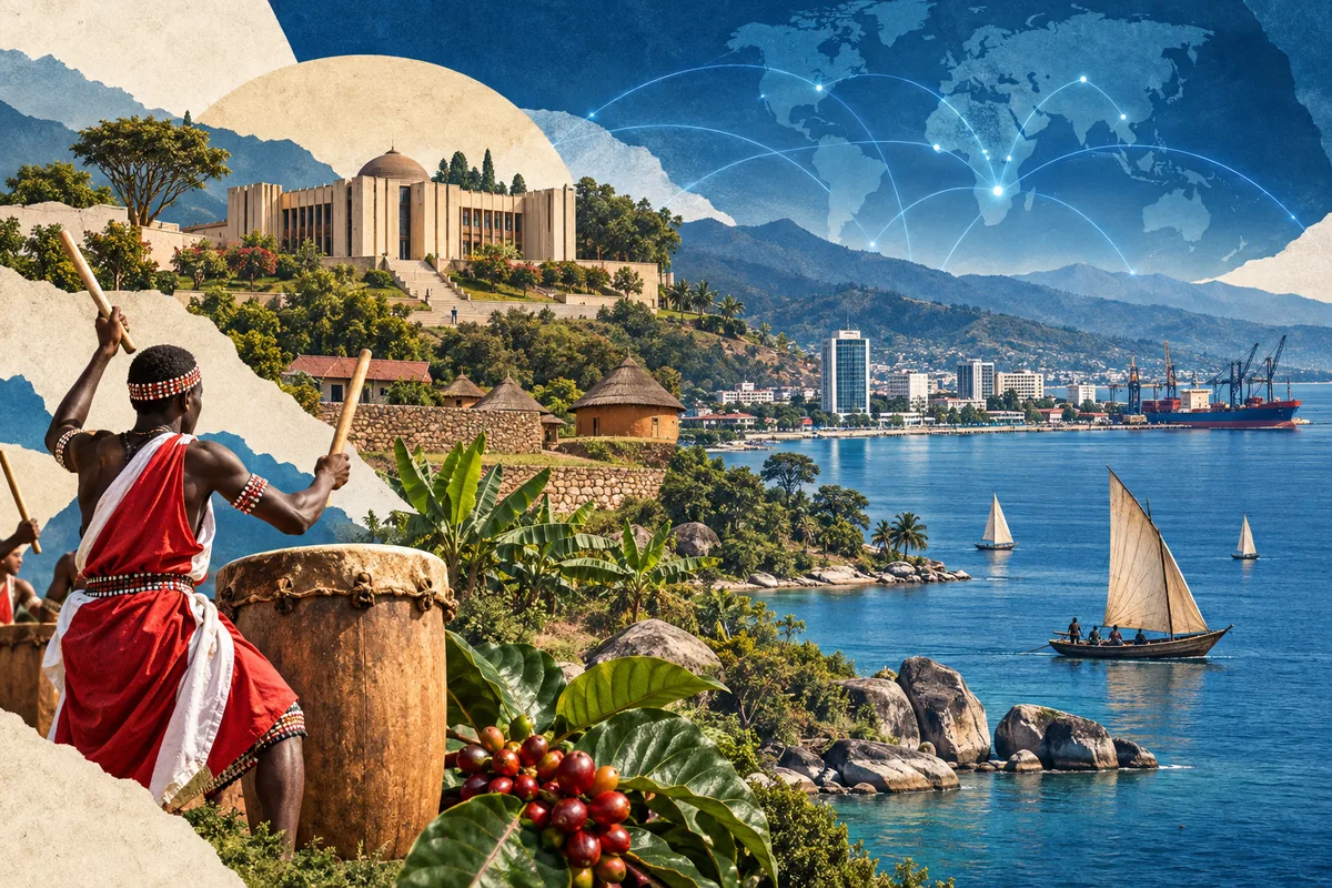 Illustrated collage of Burundi, inspired by Gitega, Bujumbura, Lake Tanganyika.
