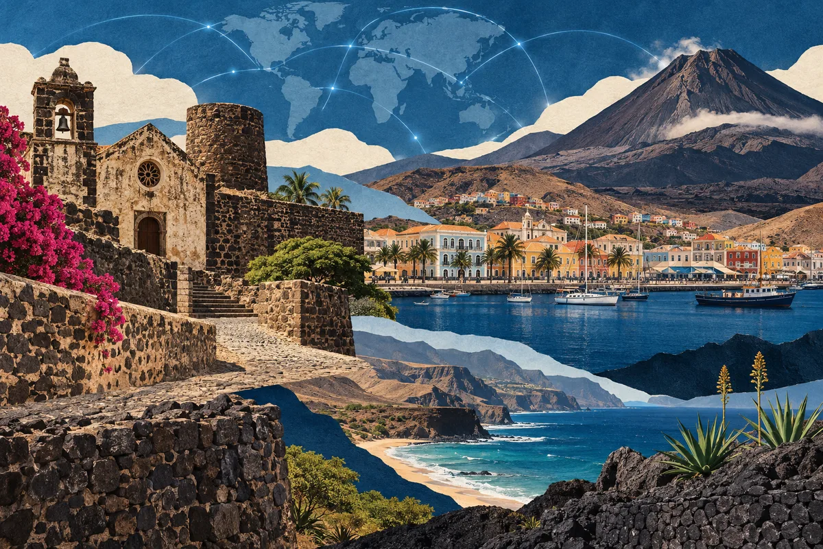 Illustrated collage of Cabo Verde, inspired by Cidade Velha, Mindelo, Pico do Fogo.