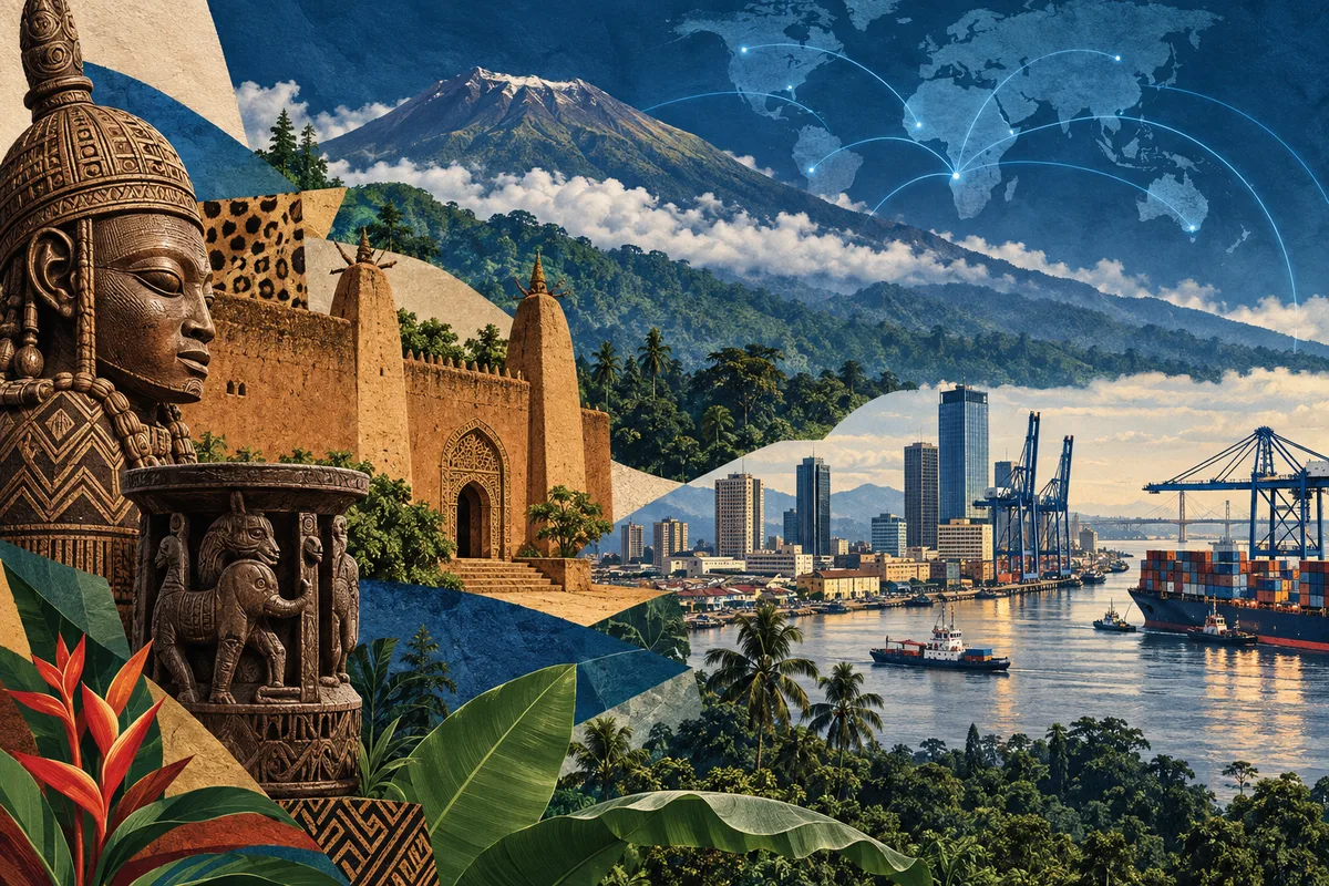 Illustrated collage of Cameroon, inspired by Foumban, Douala, Mount Cameroon.