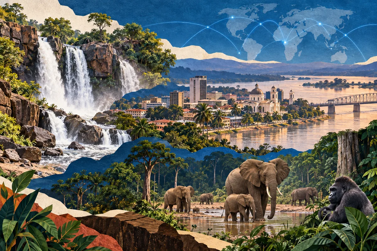 Illustrated collage of Central African Republic, inspired by Boali, Bangui, Dzanga-Sangha Special Reserve.