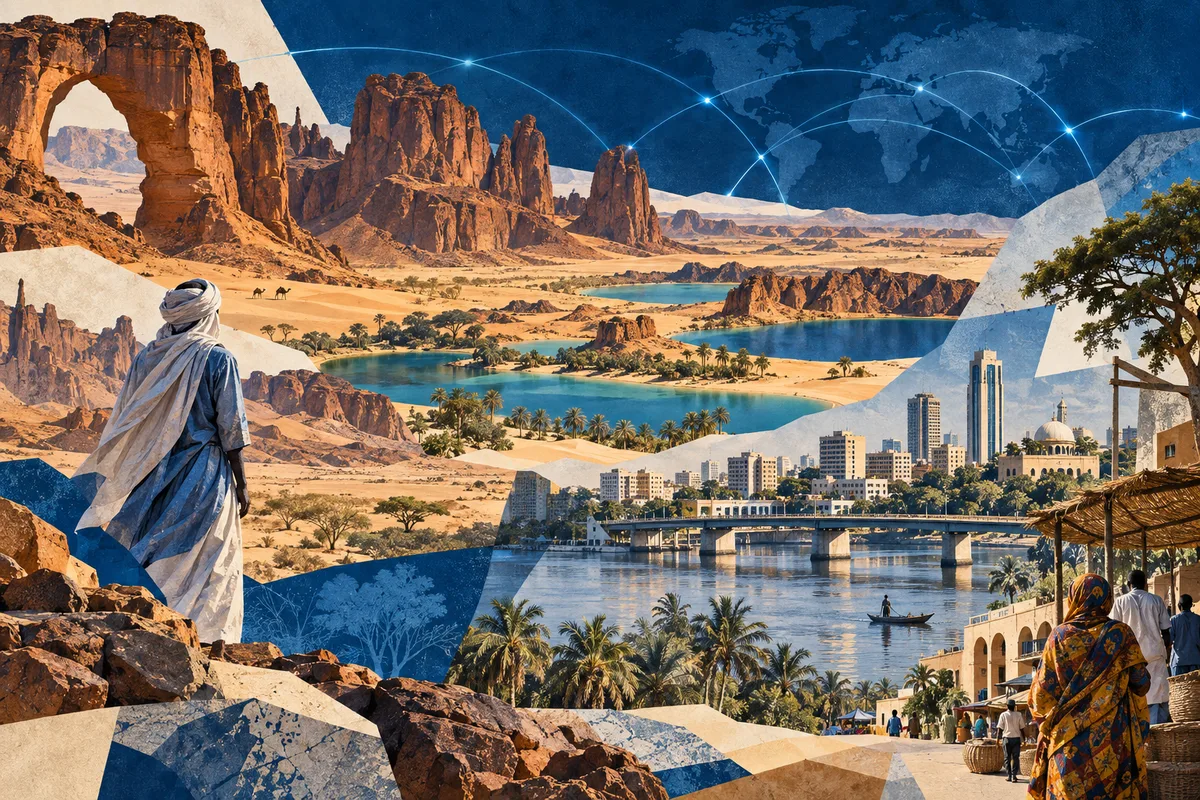 Illustrated collage of Chad, inspired by Ennedi Plateau, N'Djamena, Lakes of Ounianga.