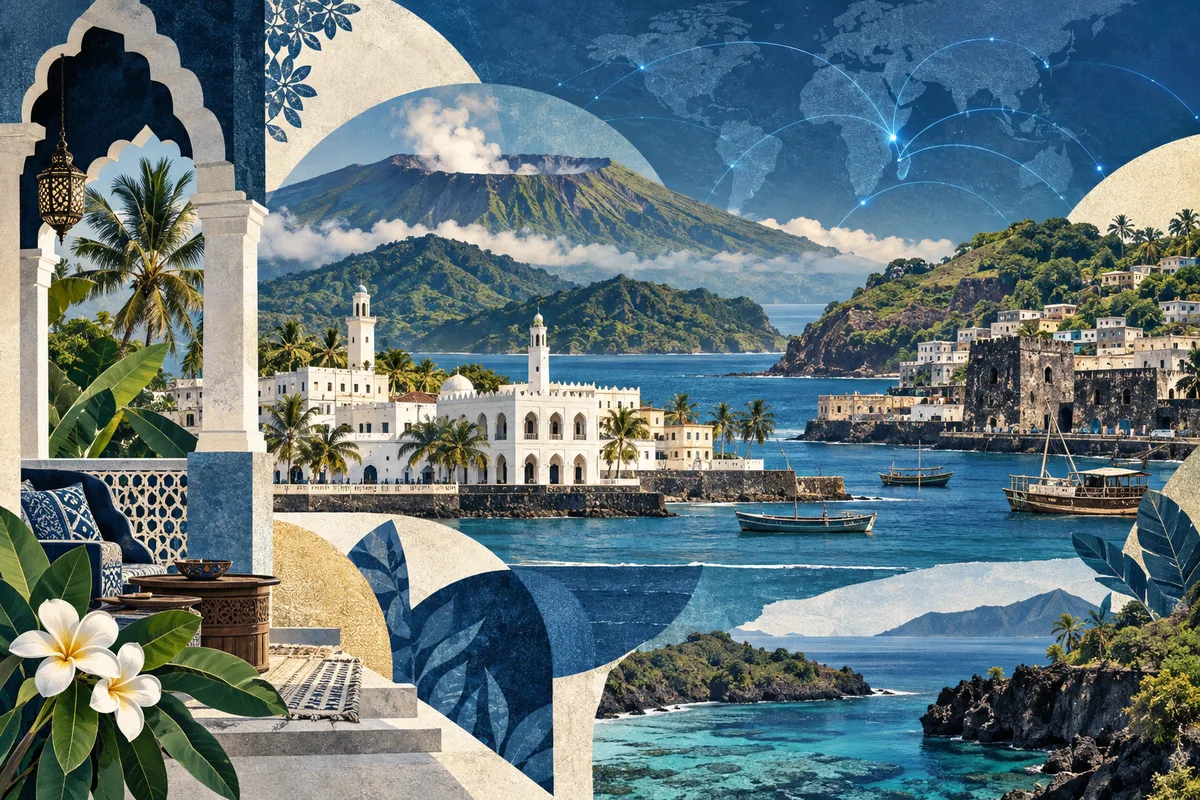 Illustrated collage of Comoros, inspired by Mutsamudu, Moroni, Comoros, Mount Karthala.