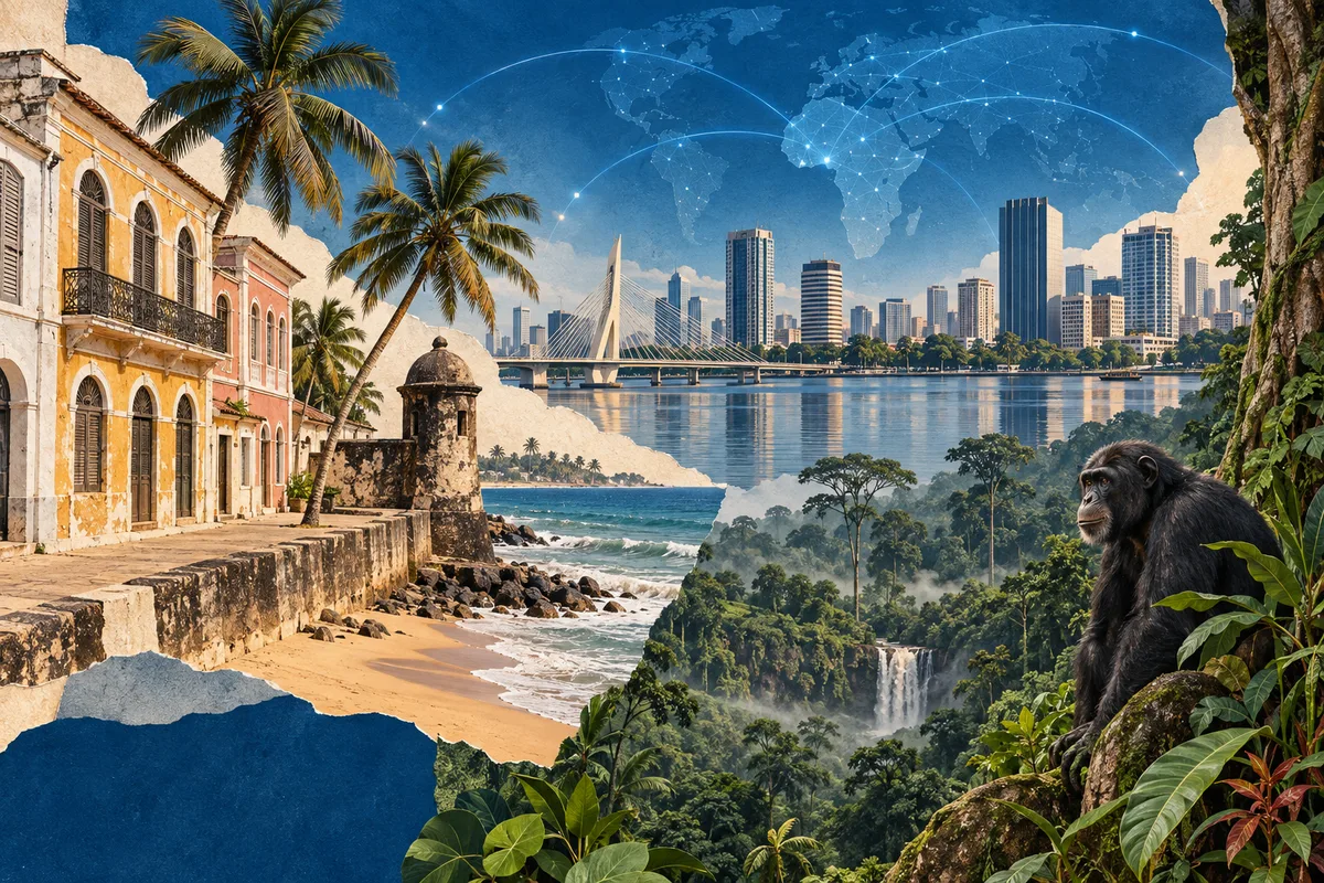Illustrated collage of Côte d'Ivoire, inspired by Grand-Bassam, Abidjan, Taï National Park.
