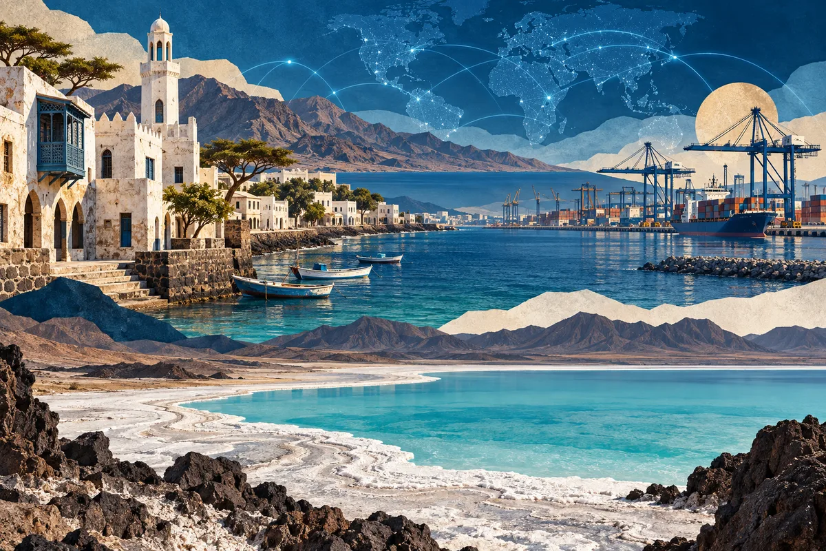 Illustrated collage of Djibouti, inspired by Tadjoura, Port of Djibouti, Lake Assal (Djibouti).