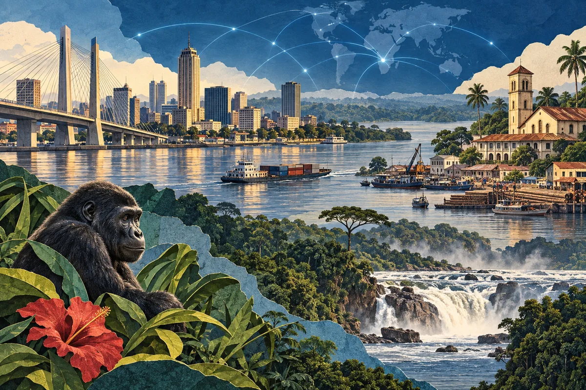Illustrated collage of Democratic Republic of the Congo, inspired by Kisangani, Kinshasa, Congo River.