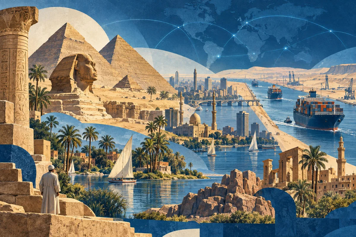 Illustrated collage of Egypt, inspired by Giza pyramid complex, Suez Canal, Nile.