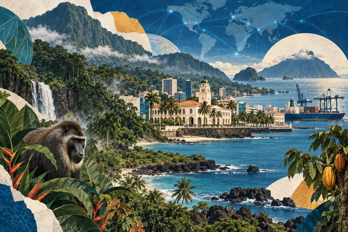Illustrated collage of Equatorial Guinea, inspired by Bioko, Malabo, Monte Alén National Park.