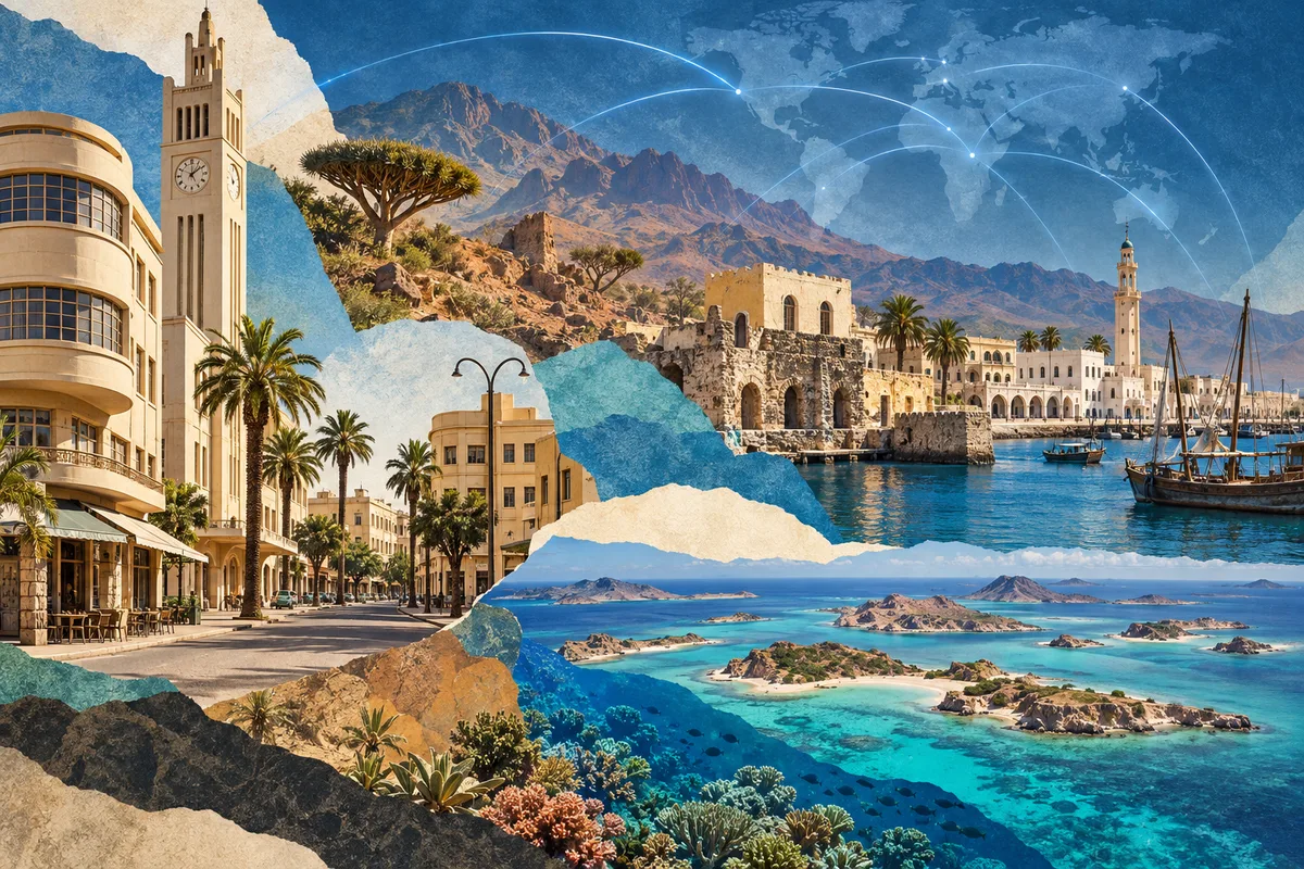 Illustrated collage of Eritrea, inspired by Asmara, Massawa, Dahlak Archipelago.