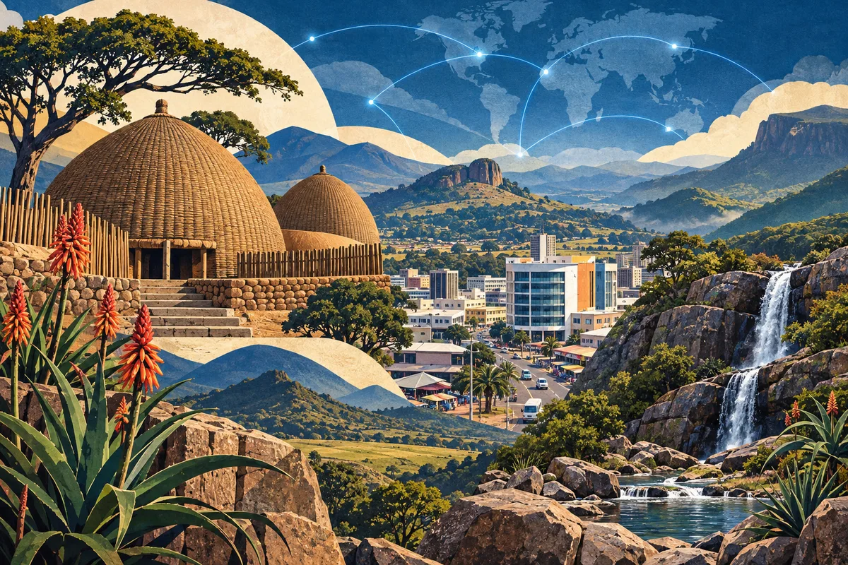 Illustrated collage of Eswatini, inspired by Lobamba, Manzini, Eswatini, Malolotja Nature Reserve.