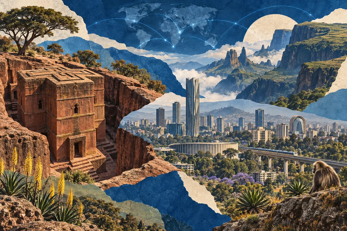 Illustrated collage of Ethiopia, inspired by Lalibela, Addis Ababa, Simien Mountains.