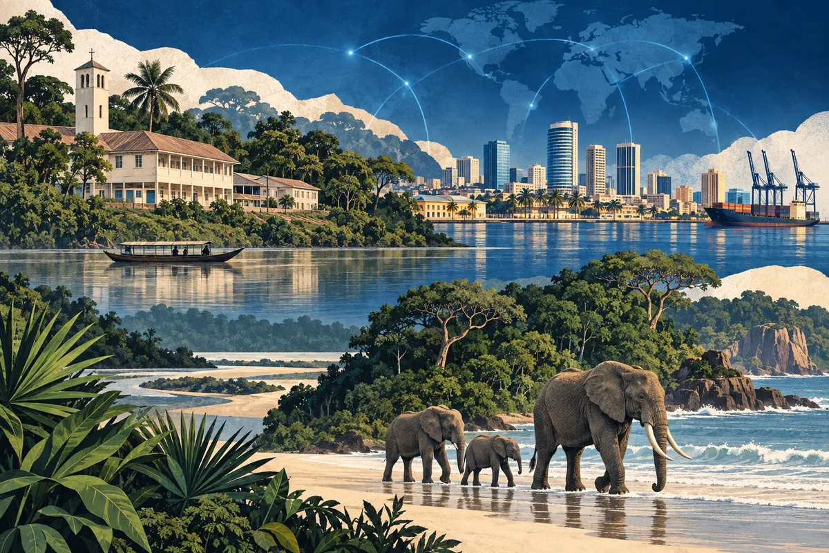 Illustrated collage of Gabon, inspired by Lambaréné, Libreville, Loango National Park.
