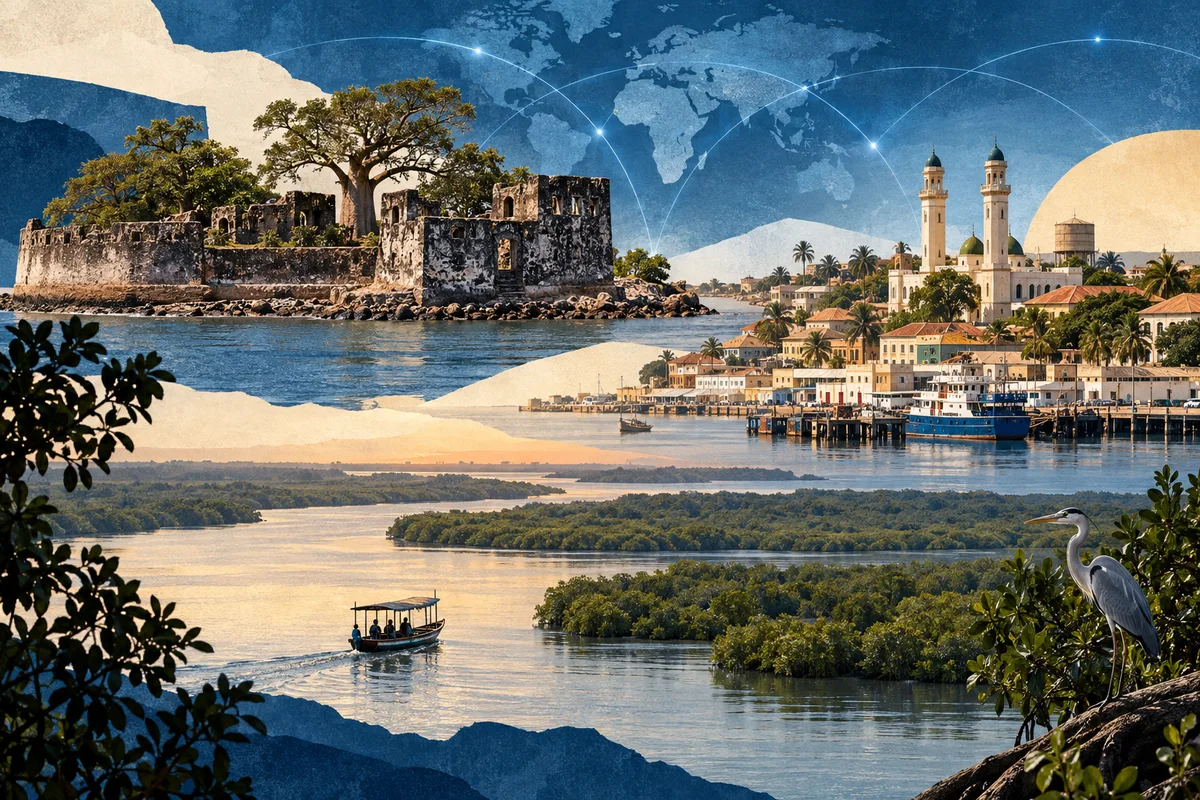 Illustrated collage of The Gambia, inspired by Kunta Kinteh Island, Banjul, Gambia River.