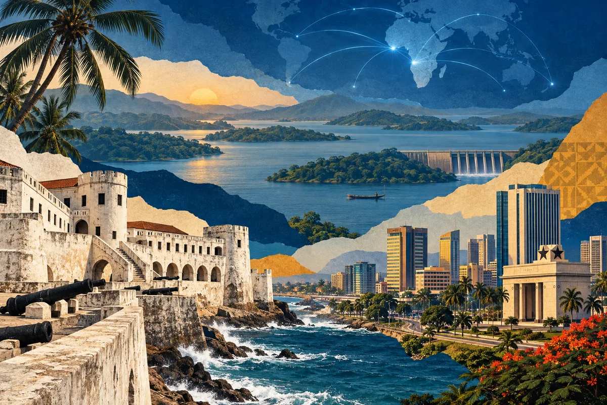Illustrated collage of Ghana, inspired by Cape Coast Castle, Accra, Lake Volta.