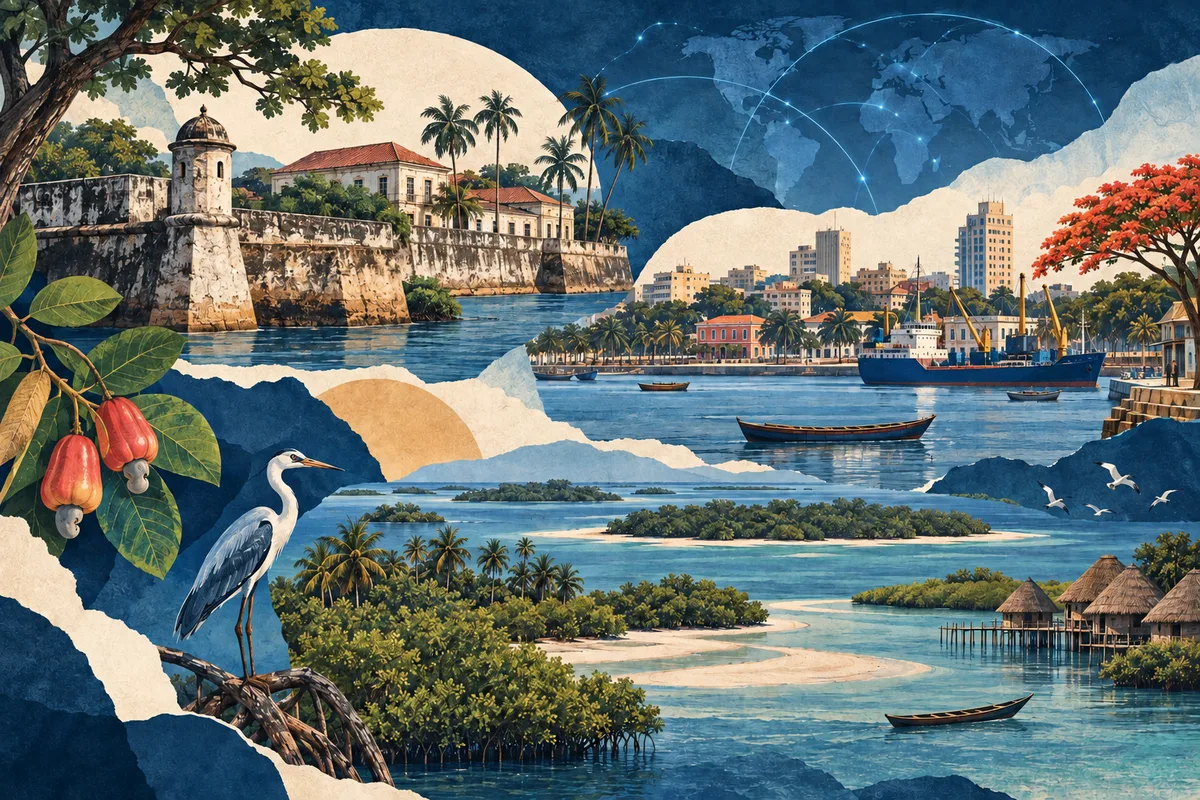 Illustrated collage of Guinea-Bissau, inspired by Cacheu, Bissau, Bissagos Islands.