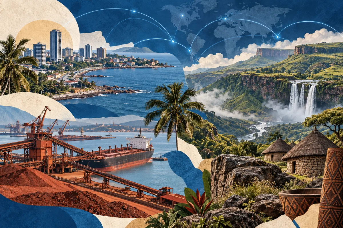 Illustrated collage of Guinea, inspired by Conakry, Kamsar, Fouta Djallon.
