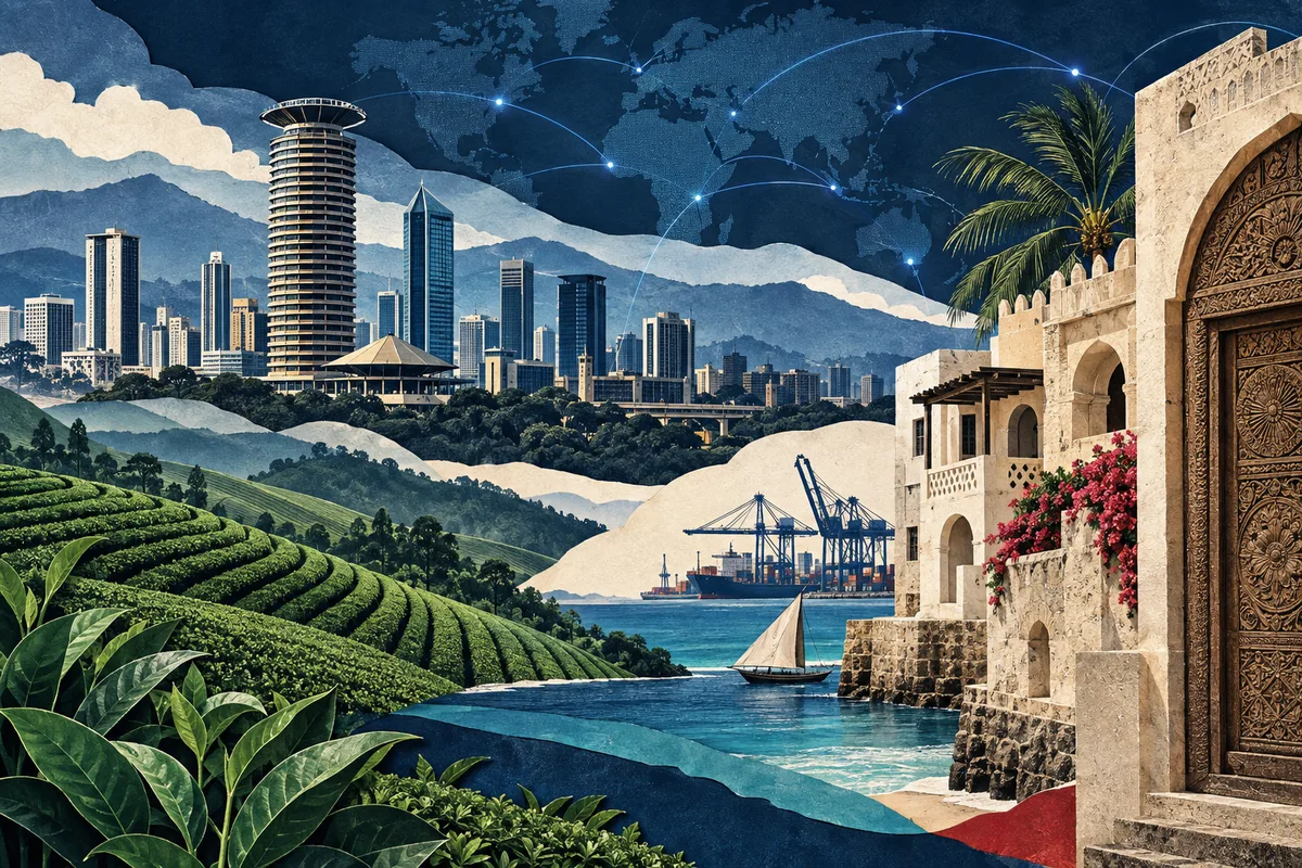 Illustrated collage of Kenya, inspired by Lamu, Nairobi, Great Rift Valley, Kenya.