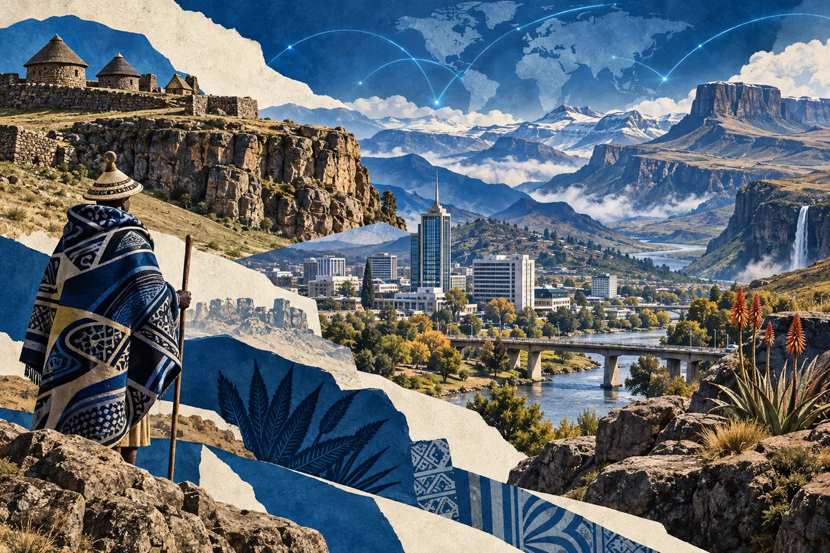 Illustrated collage of Lesotho, inspired by Thaba Bosiu, Maseru, Maloti Mountains.