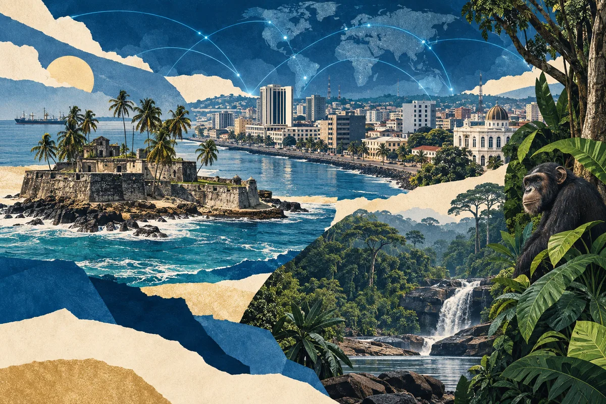 Illustrated collage of Liberia, inspired by Providence Island, Liberia, Monrovia, Sapo National Park.