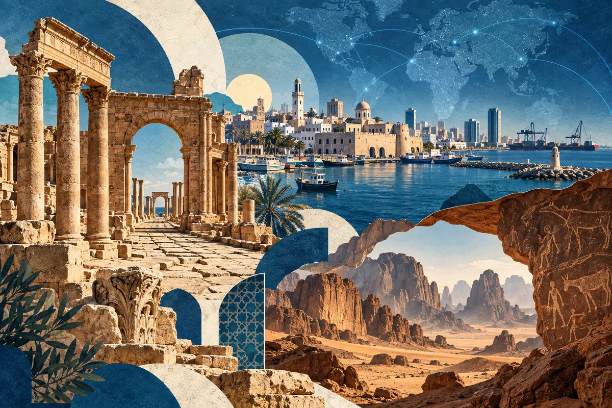 Illustrated collage of Libya, inspired by Leptis Magna, Tripoli, Acacus Mountains.