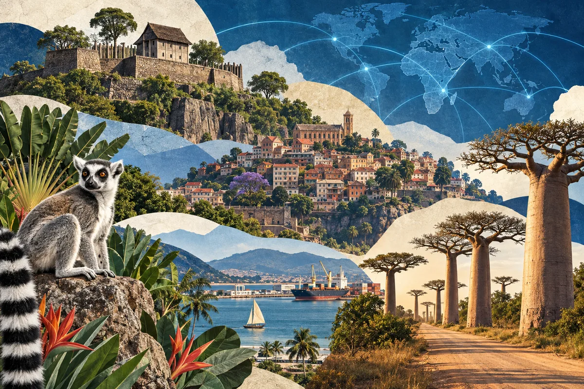 Illustrated collage of Madagascar, inspired by Royal Hill of Ambohimanga, Antananarivo, Avenue of the Baobabs.