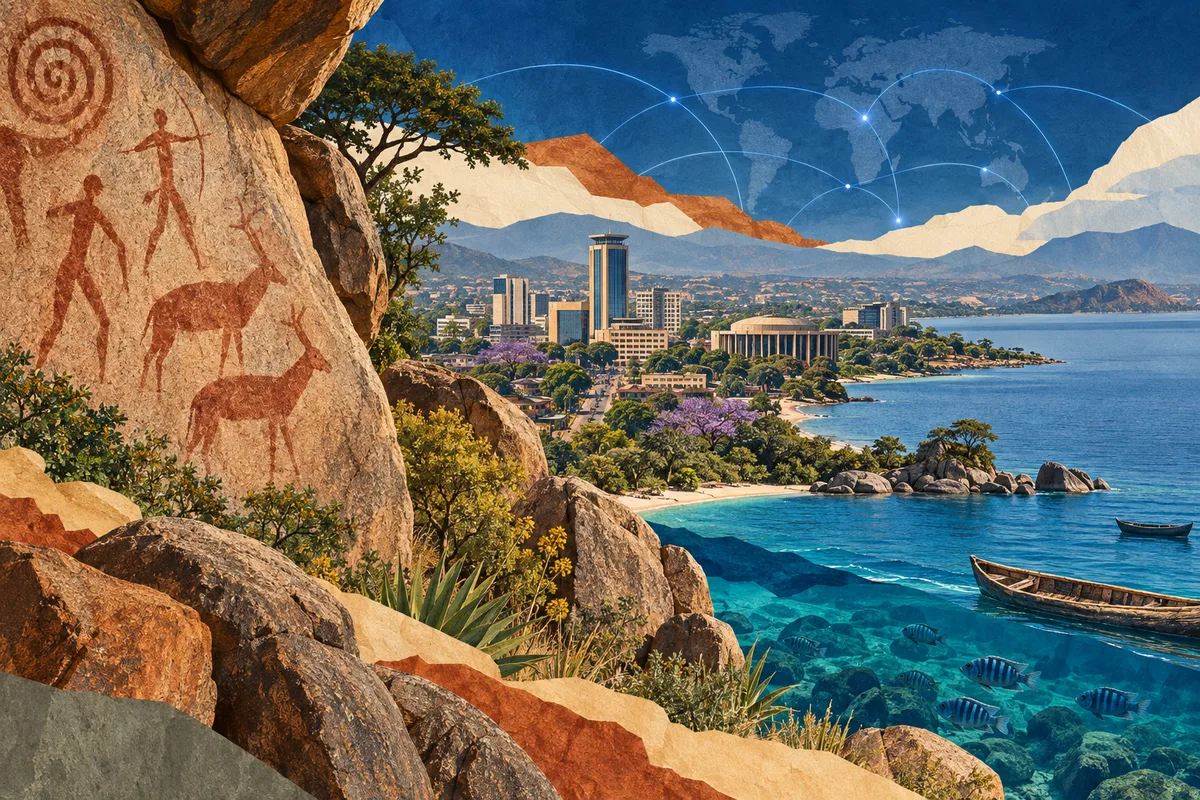 Illustrated collage of Malawi, inspired by Chongoni Rock Art Area, Lilongwe, Lake Malawi.