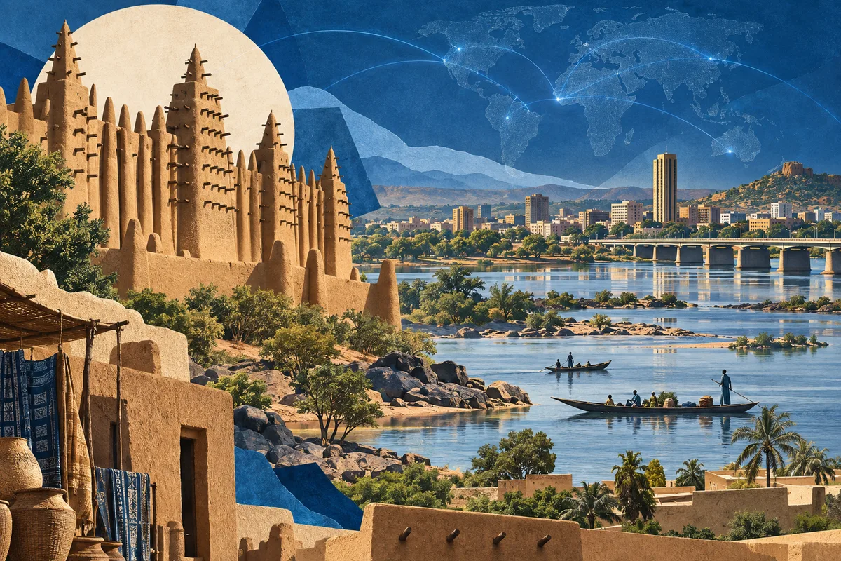 Illustrated collage of Mali, inspired by Great Mosque of Djenné, Bamako, Niger River.
