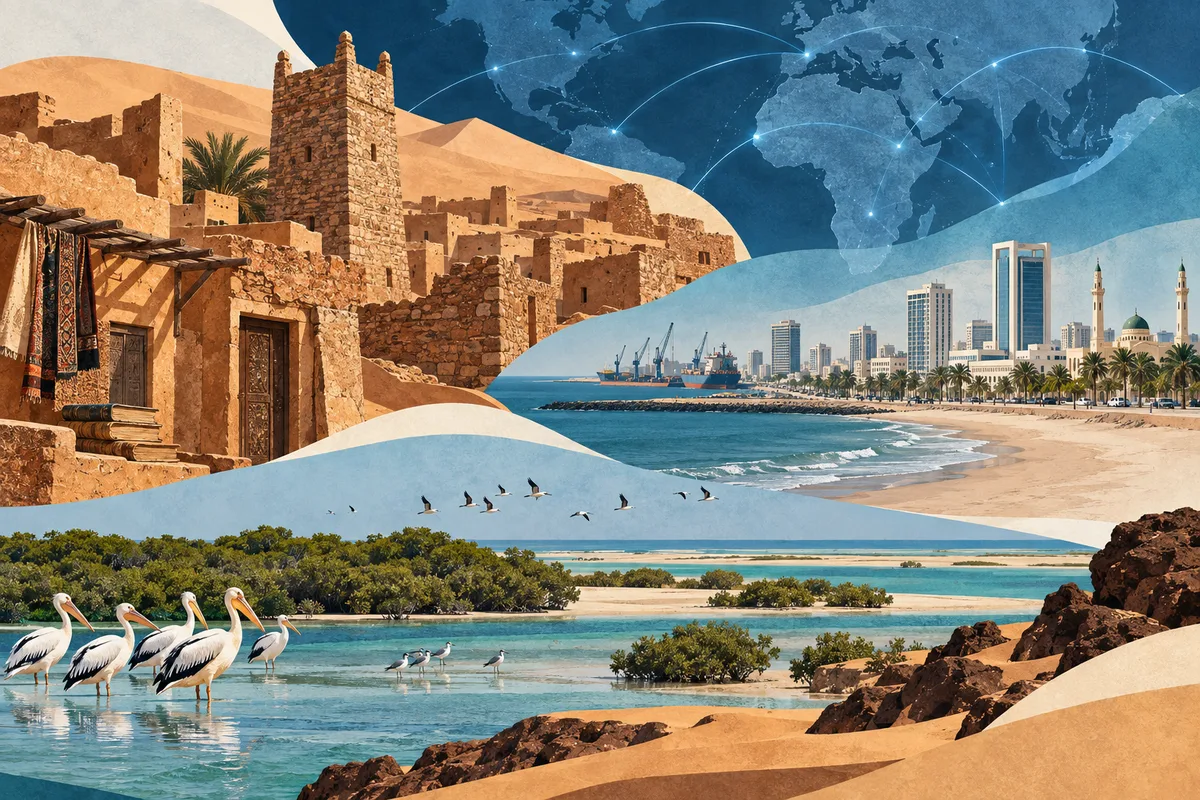 Illustrated collage of Mauritania, inspired by Chinguetti, Nouakchott, Banc d'Arguin National Park.