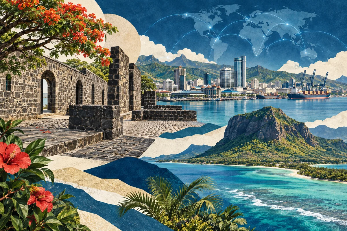 Illustrated collage of Mauritius, inspired by Aapravasi Ghat, Port Louis, Le Morne Brabant.