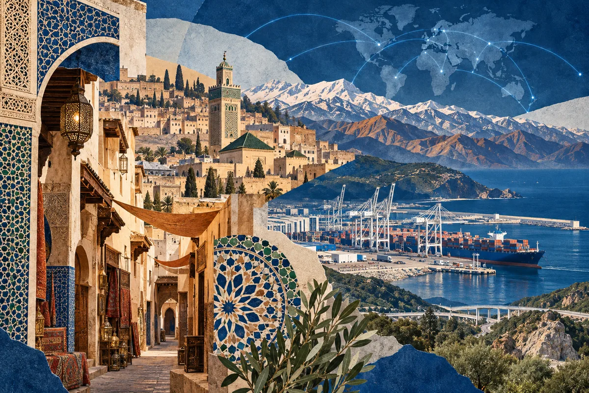 Illustrated portrait of Morocco; geographic and cultural interpretation, not regulator premises.
