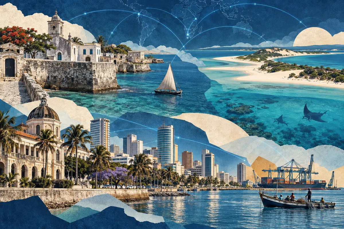 Illustrated collage of Mozambique, inspired by Island of Mozambique, Maputo, Bazaruto Archipelago.