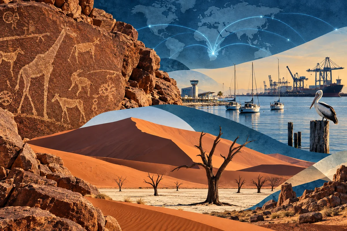 Illustrated collage of Namibia, inspired by Twyfelfontein, Walvis Bay, Sossusvlei.