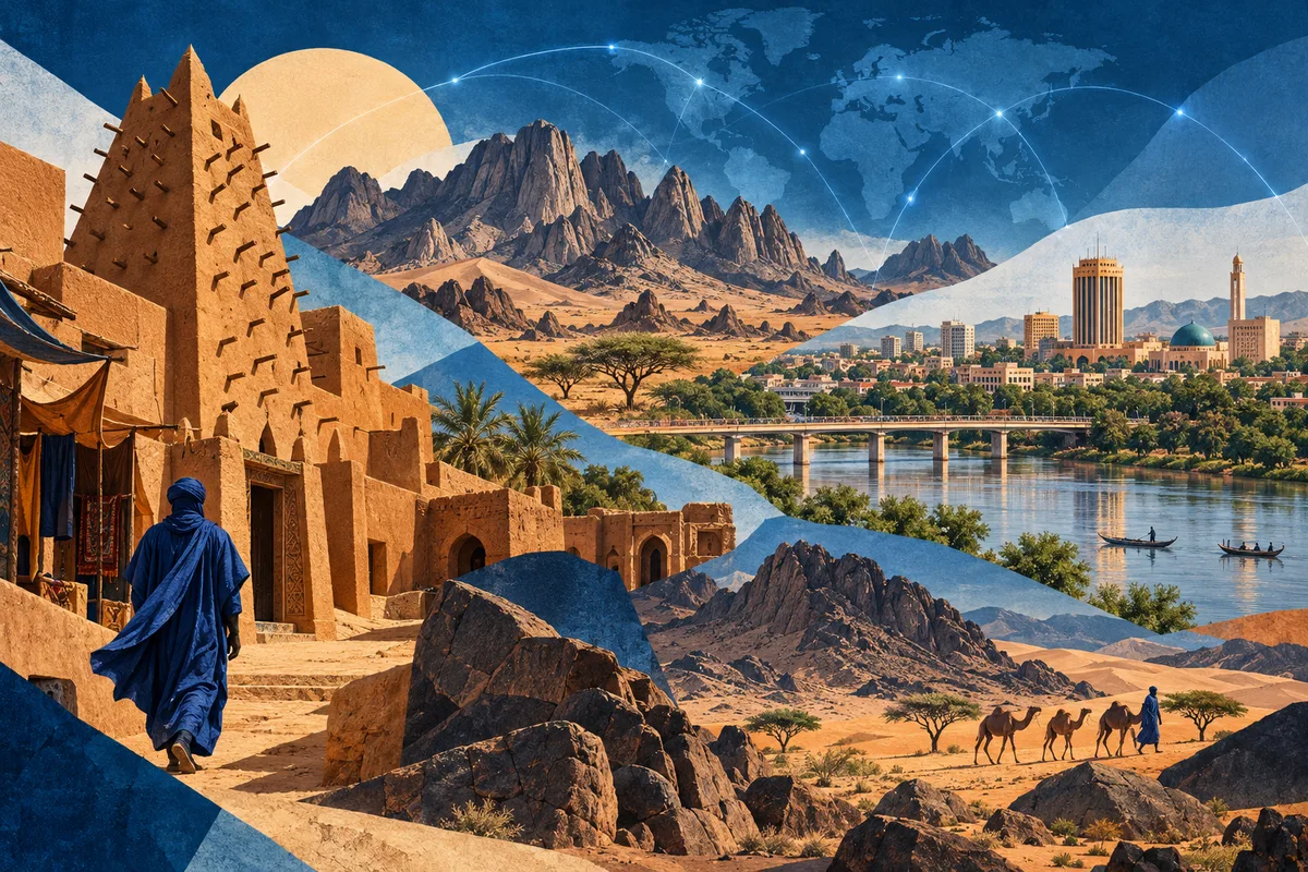 Illustrated collage of Niger, inspired by Agadez, Niamey, Aïr Mountains.