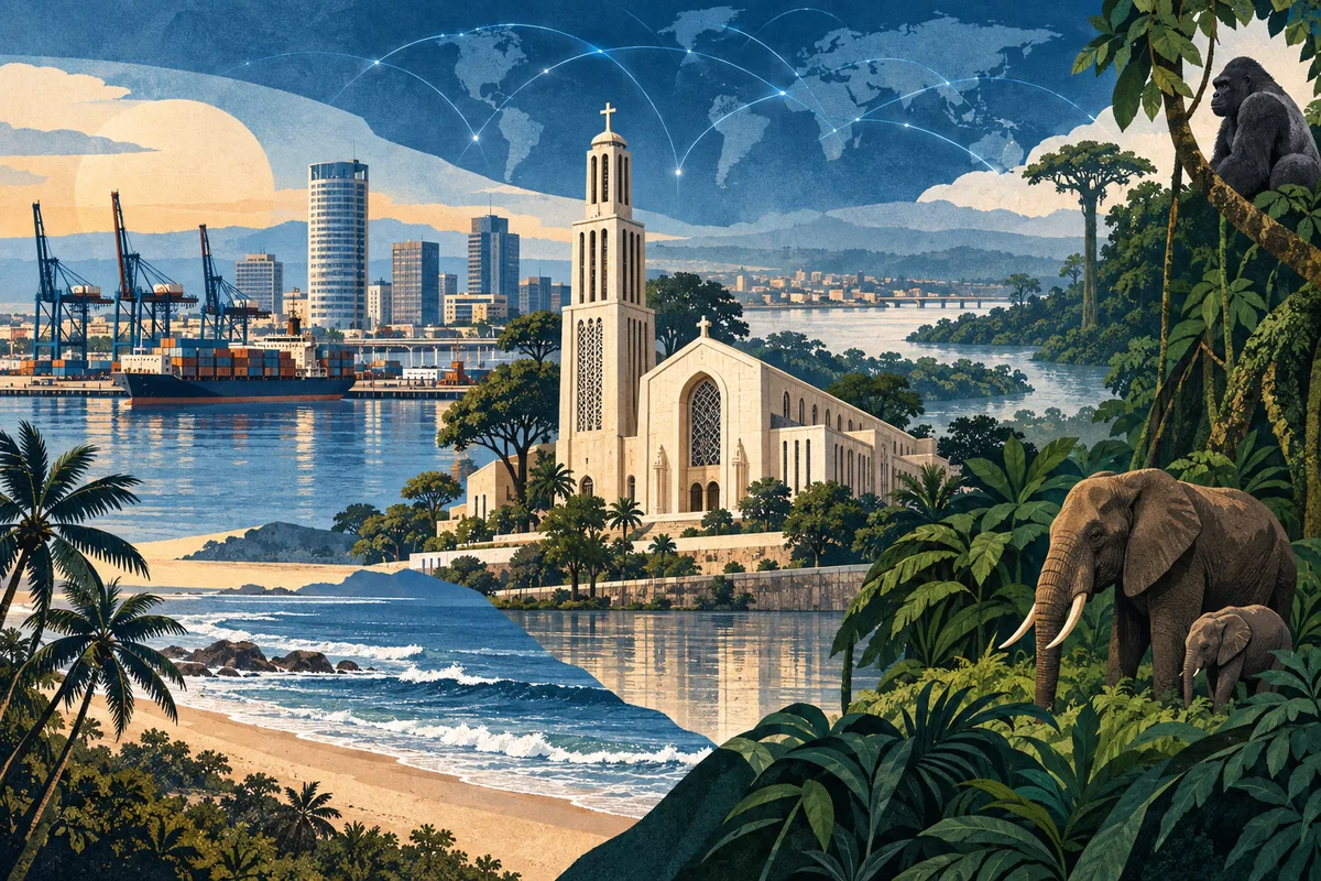 Illustrated collage of Republic of the Congo, inspired by Basilica of Sainte-Anne-du-Congo in Brazzaville, Pointe-Noire, Odzala-Kokoua National Park.