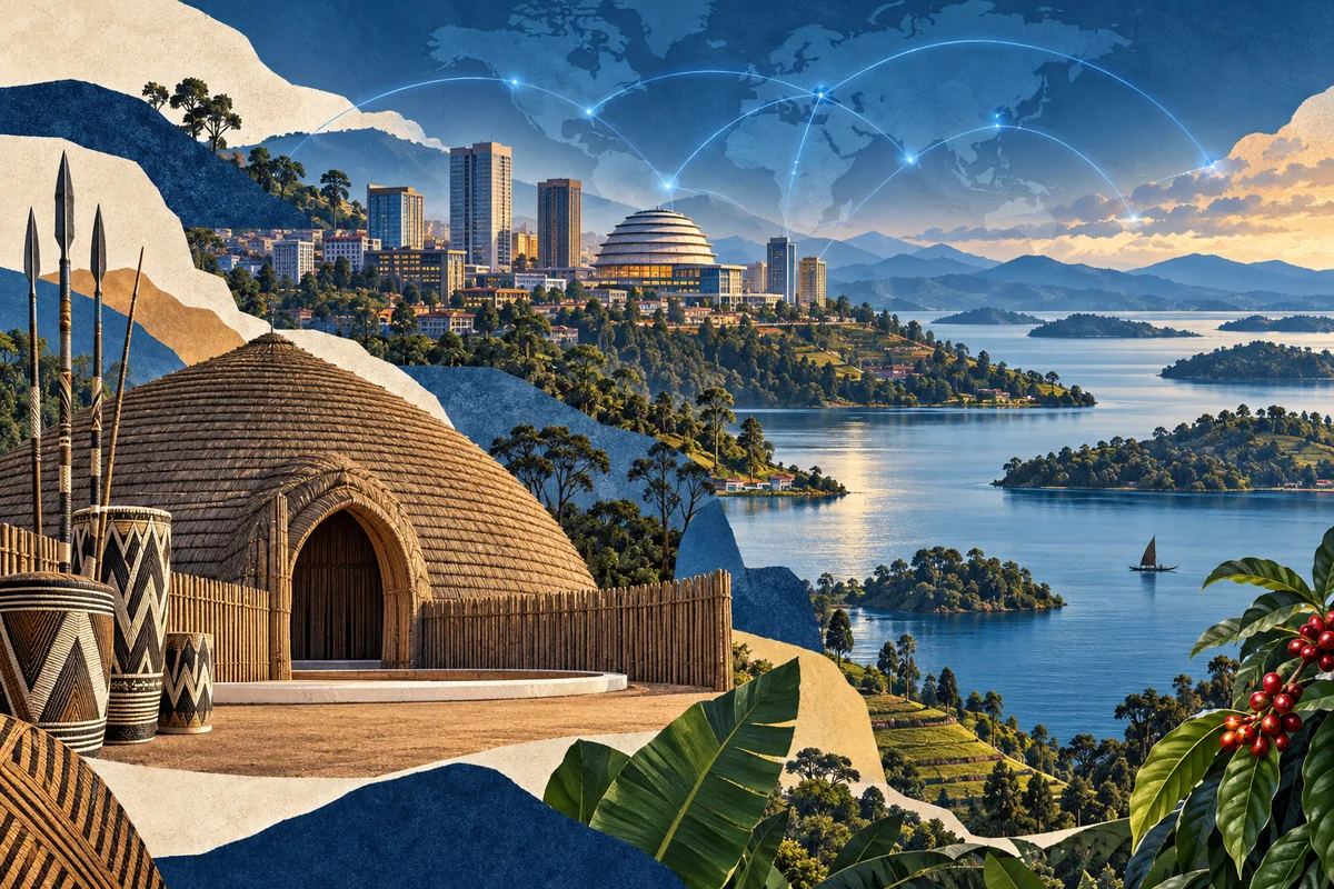 Illustrated collage of Rwanda, inspired by King's Palace Museum in Nyanza, Kigali, Lake Kivu.
