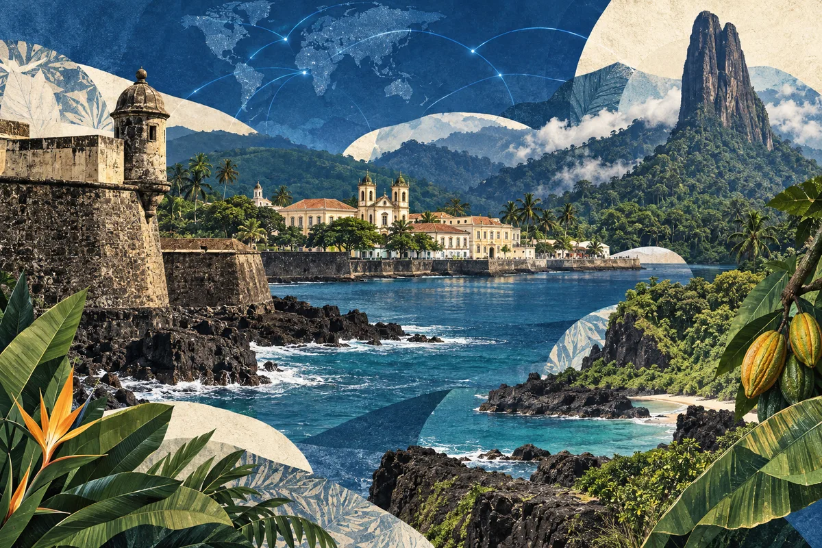 Illustrated collage of São Tomé and Príncipe, inspired by Fort of São Sebastião, São Tomé, Pico Cão Grande.
