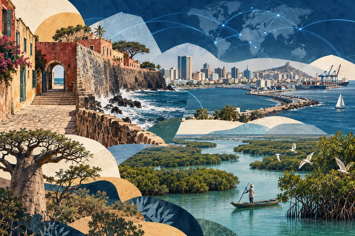 Illustrated collage of Senegal, inspired by Gorée, Dakar, Sine-Saloum.