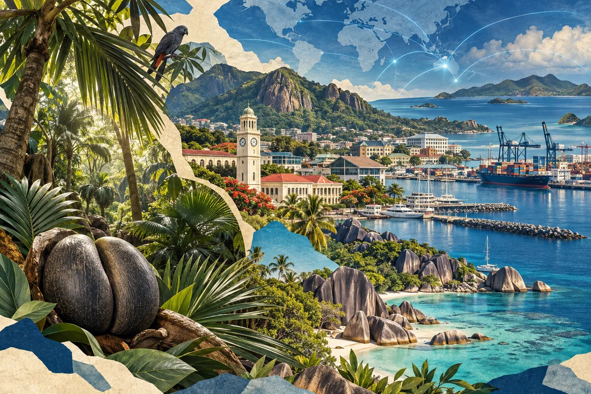Illustrated portrait of Seychelles; geographic and cultural interpretation, not regulator premises.