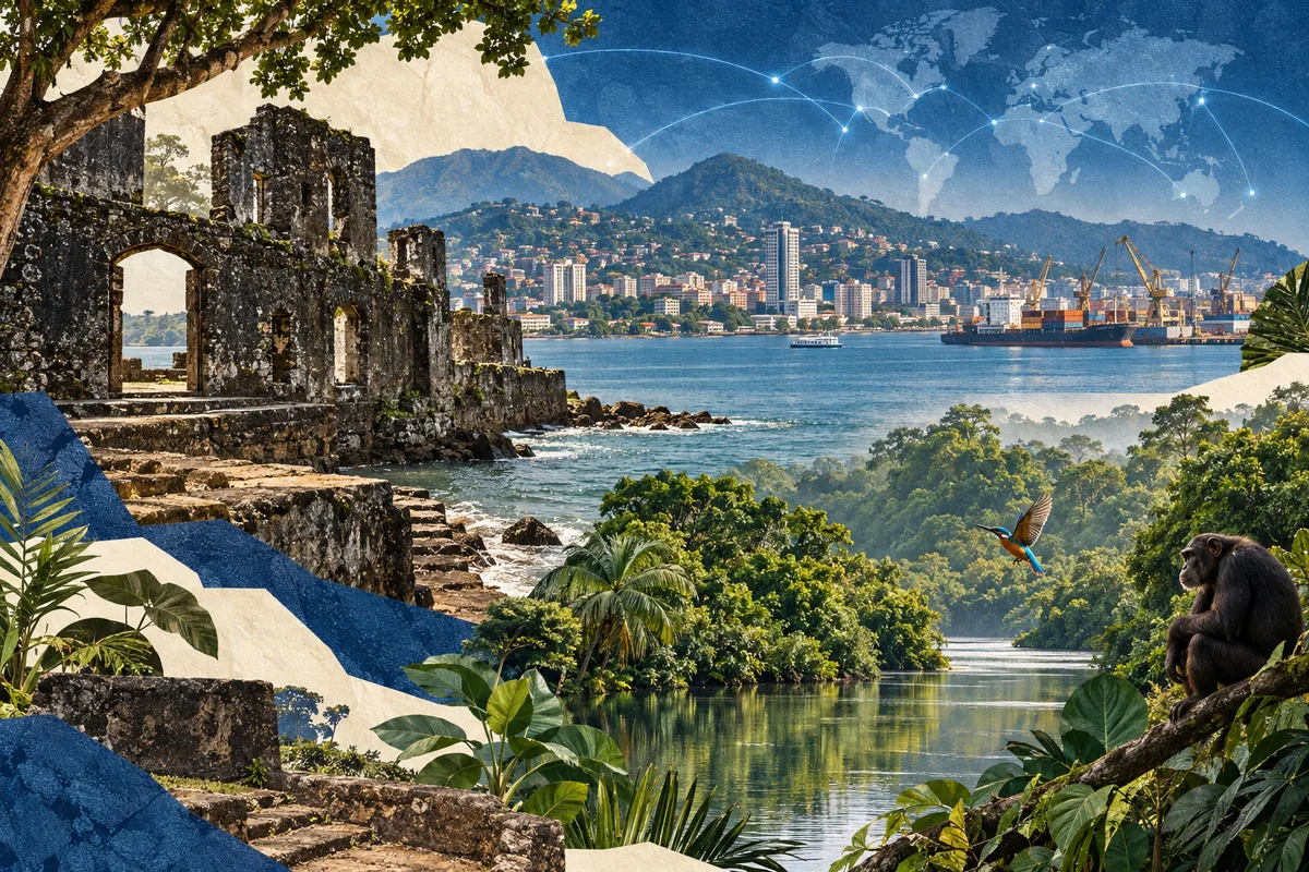 Illustrated collage of Sierra Leone, inspired by Bunce Island, Freetown, Tiwai Island.