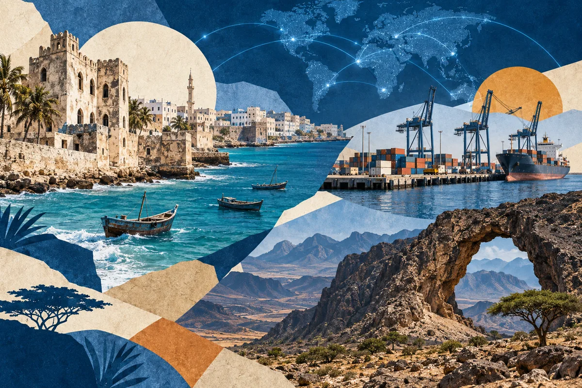 Illustrated collage of Somalia, inspired by Mogadishu, Berbera, Cal Madow.