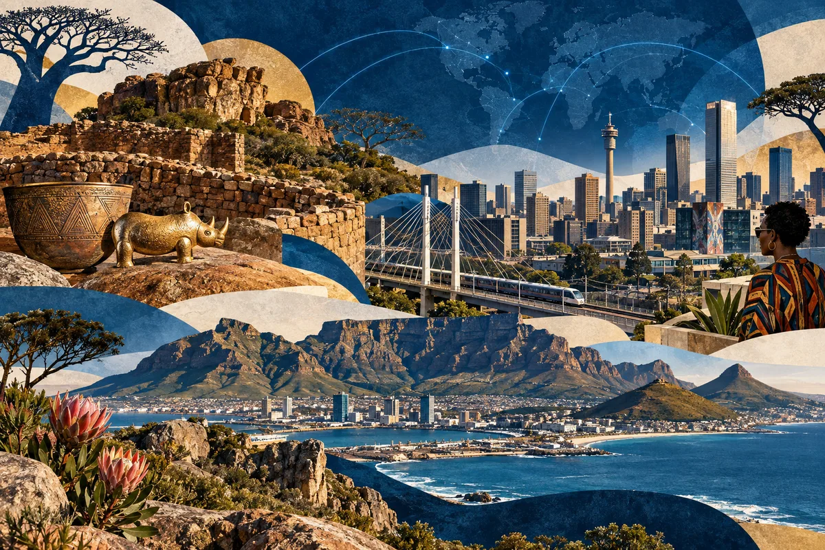 Illustrated collage of South Africa, inspired by Mapungubwe, Johannesburg, Table Mountain.