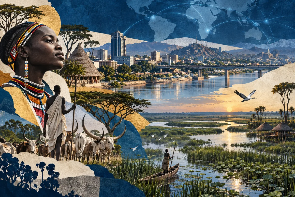 Illustrated collage of South Sudan, inspired by Juba, White Nile, Sudd.