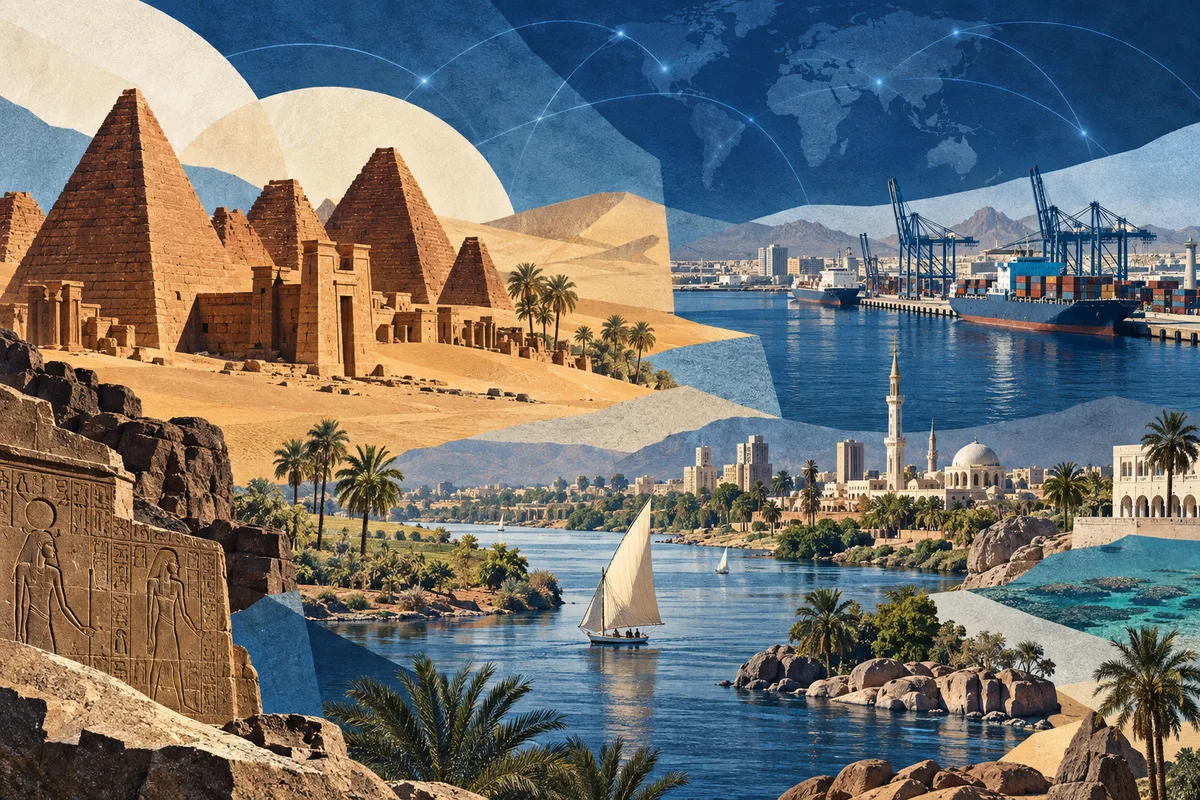 Illustrated collage of Sudan, inspired by Meroë, Port Sudan, Nile.