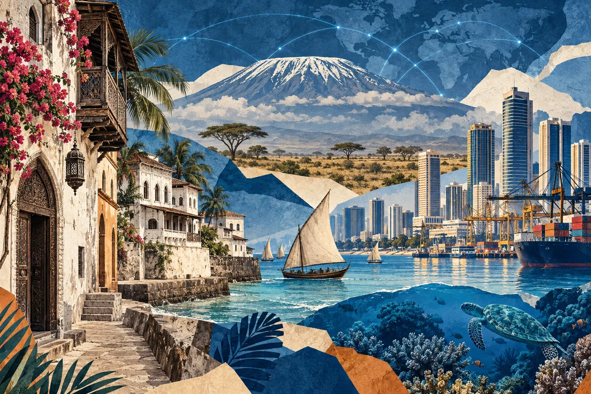 Illustrated collage of Tanzania, inspired by Stone Town, Dar es Salaam, Mount Kilimanjaro.