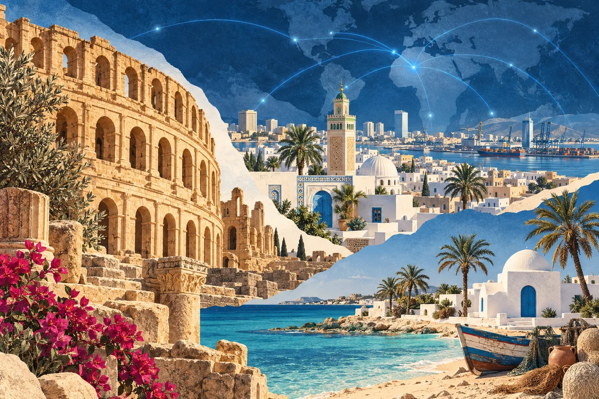 Illustrated collage of Tunisia, inspired by Amphitheatre of El Jem, Tunis, Djerba.