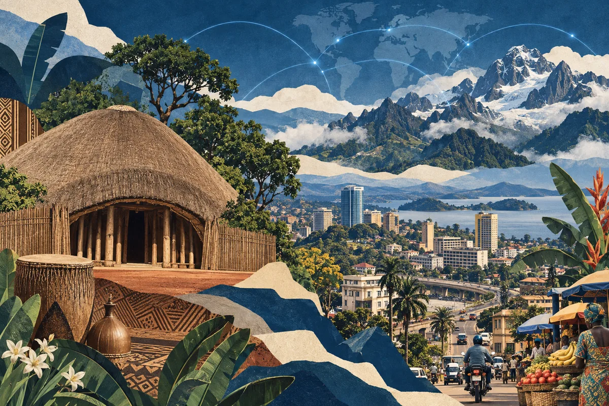 Illustrated collage of Uganda, inspired by Kasubi Tombs, Kampala, Rwenzori Mountains.